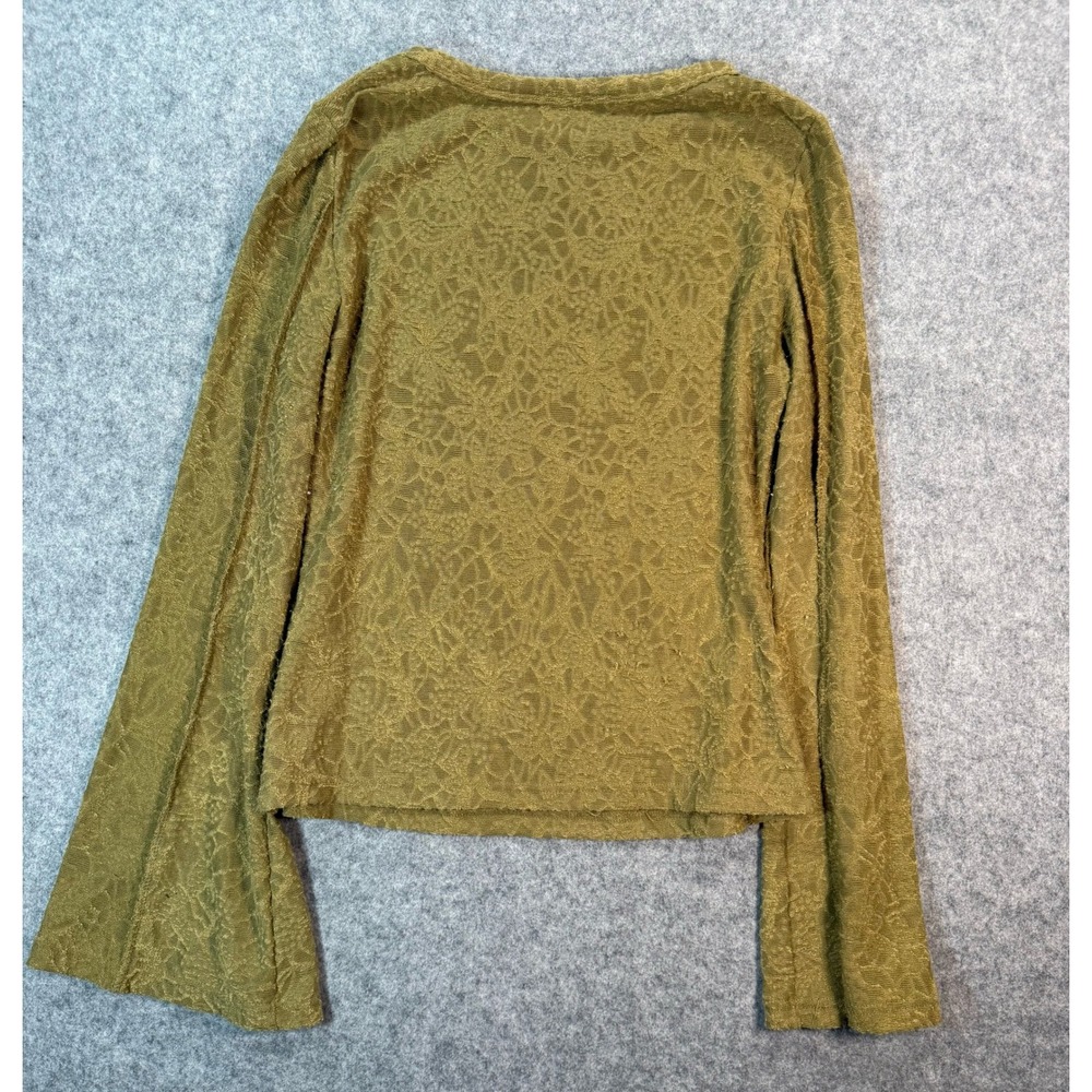 Olive Green Floral Textured Lace Knit Bell Sleeve Top Crew Neck Large - Picture 6 of 6
